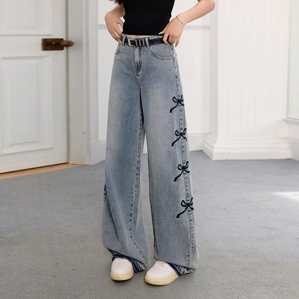 Women's Vintage Denim Jeans High Waist Baggy Straight Casual Y2K - Picture 5 of 9